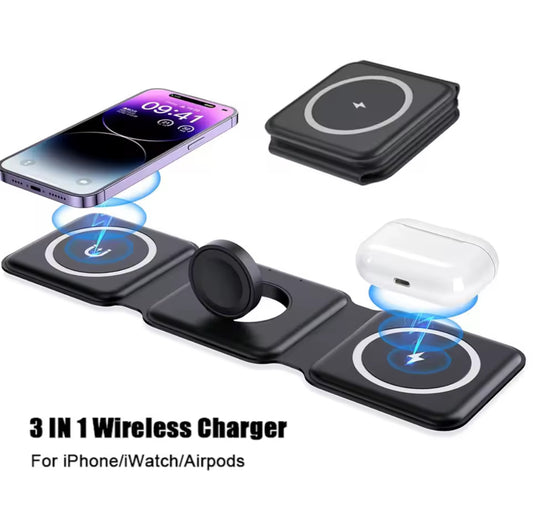 Chargeur sans fil magnétique 3 en 1 pliable pour iPhone, AirPods, Watch
